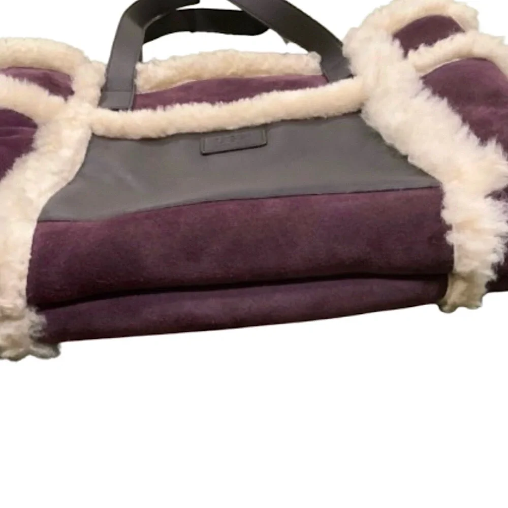 UGG Large Plum & Ivory Leather Shearling Sheepskin Tote Bag MINT CONDITION